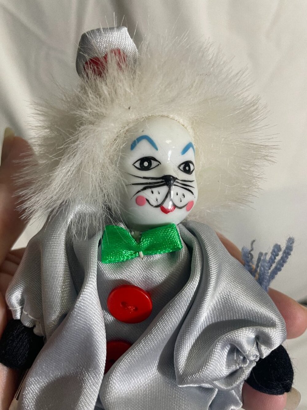 Vintage White Cat Clown Doll Porcelain Face Silver Satin Plush Kitty 6”